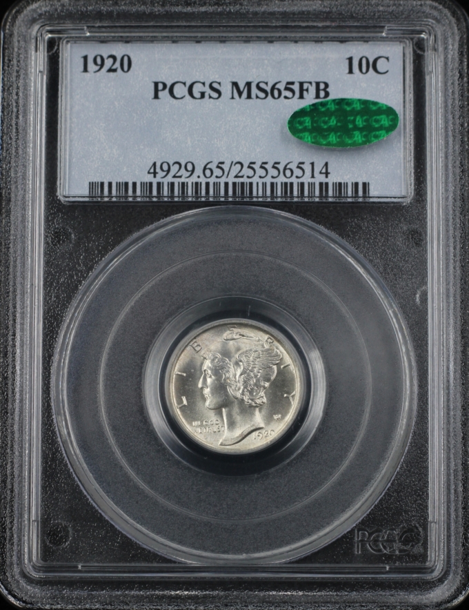 1920 MERCURY DIME 10C PCGS MS65FB *CAC* (PQ016)