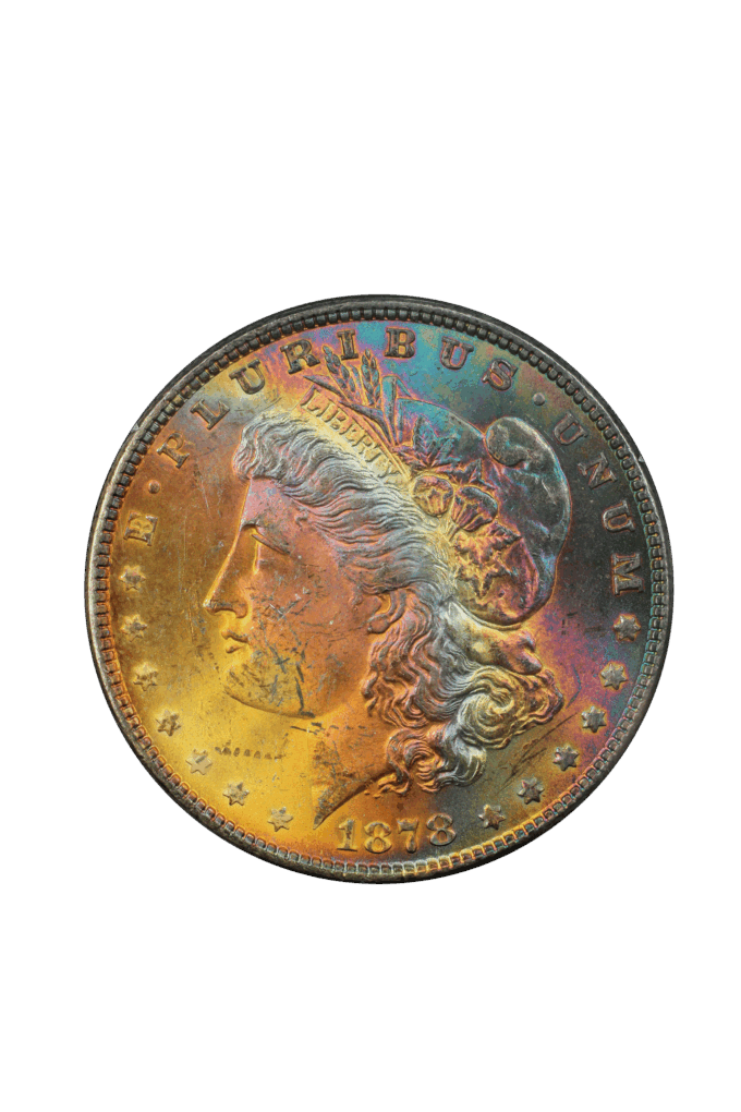 1878 7TF MORGAN DOLLAR $1 PCGS MS62 *CAC* REV OF 78 RAINBOW TONING PCGS RATTLER