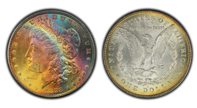 1878 7TF MORGAN DOLLAR $1 PCGS MS62 *CAC* REV OF 78 RAINBOW TONING PCGS RATTLER