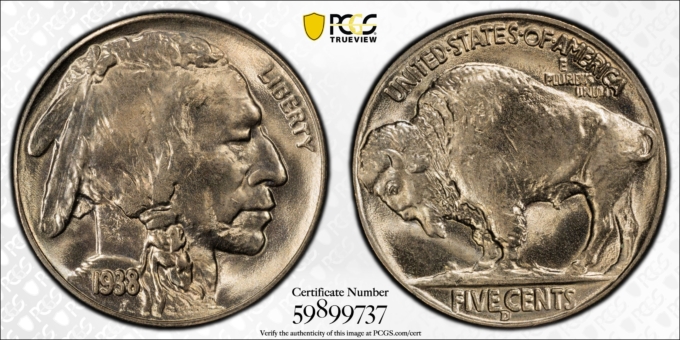 1938-D BUFFALO NICKEL 5C PCGS MS66 (PQ044)