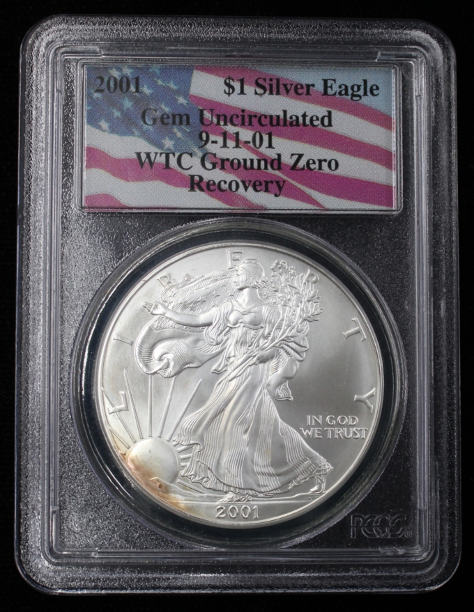2001 AMERICAN SILVER EAGLE PCGS GEM UNC 9/11 WTC GROUND ZERO RECOVERY (PQ038)