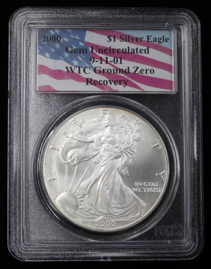 2000 AMERICAN SILVER EAGLE PCGS GEM UNC 9/11 WTC GROUND ZERO RECOVERY (PQ037)