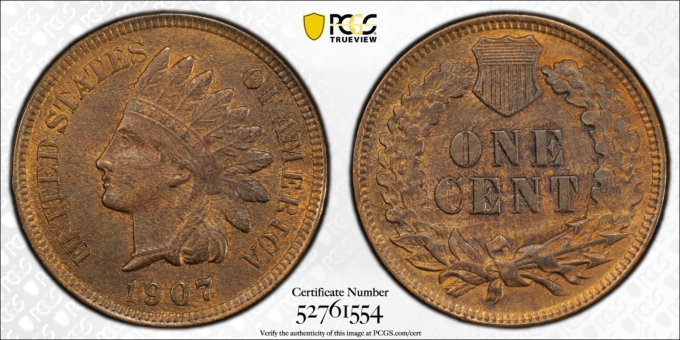 1907 INDIAN HEAD CENT 1C PCGS MS62BN (PQ041)